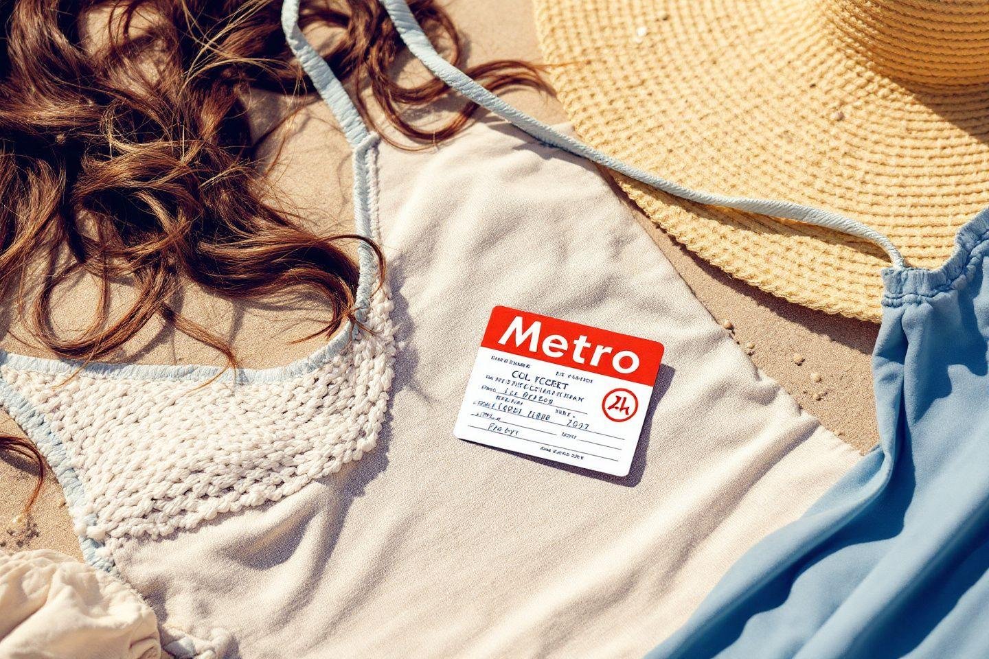 Chapeau de paille, serviette de plage et cheveux ondulés sur le sol