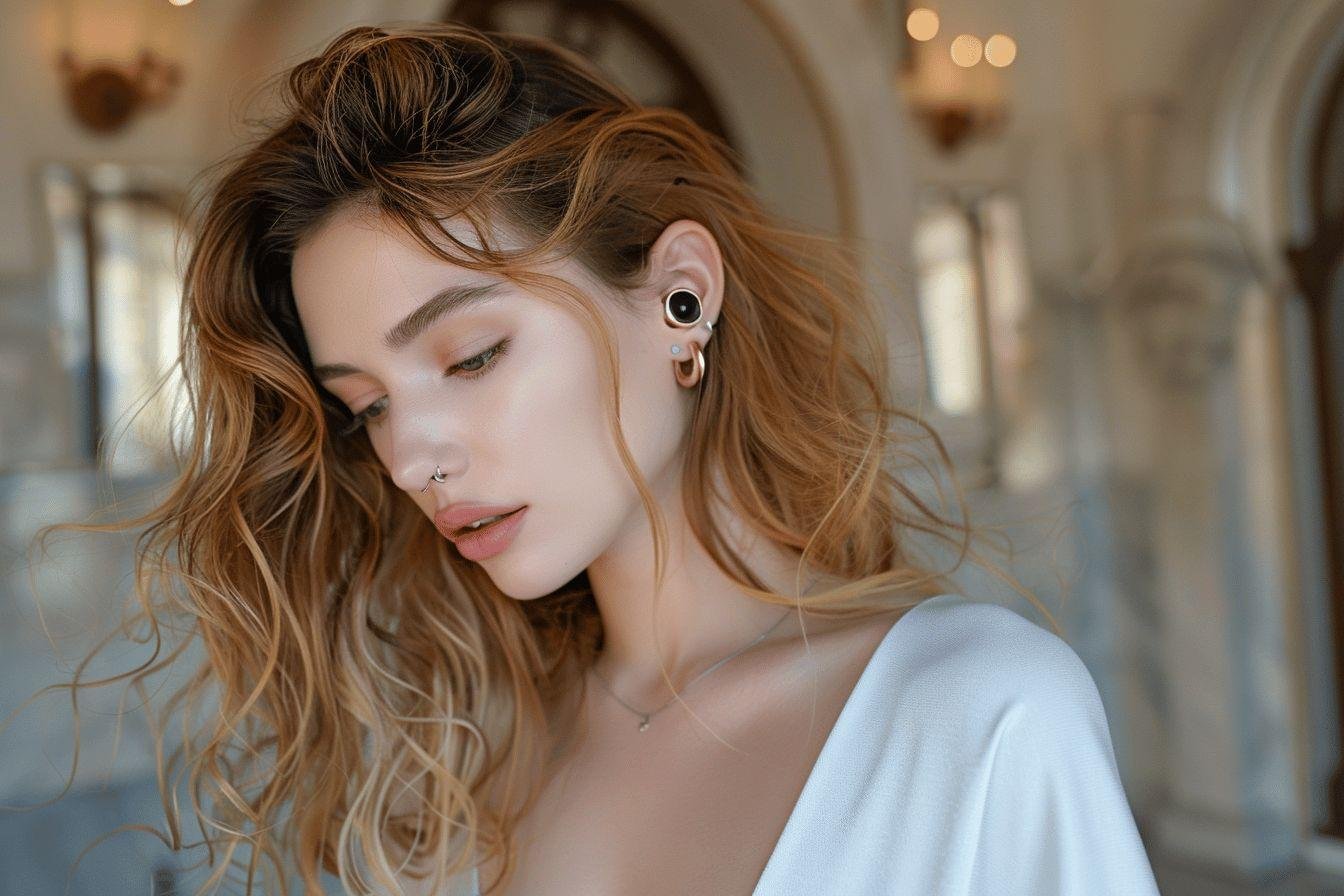 Gros plan sur une femme aux cheveux bruns bouclés et au maquillage subtil.