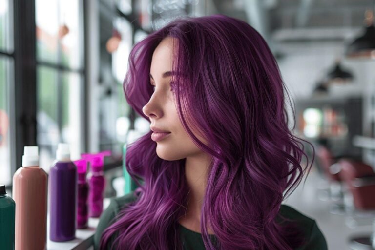 Gros plan sur une femme avec des cheveux longs et ondulés de couleur violette éclatante.