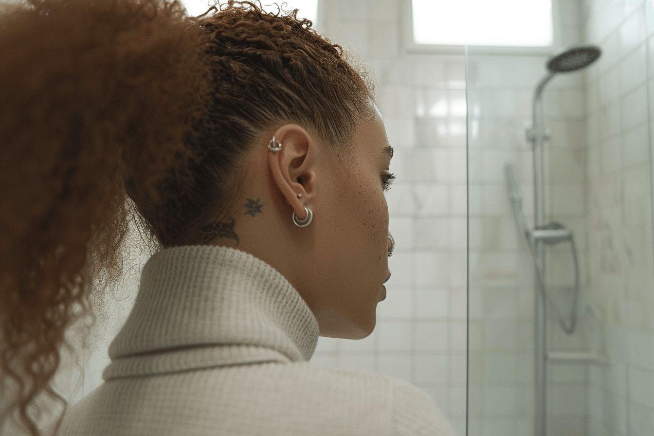 Gros plan sur le profil d'une personne avec des cheveux bouclés et des piercings à l'oreille