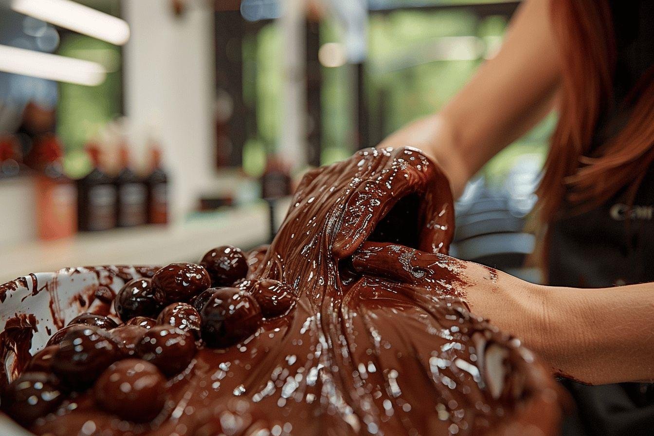 Gros plan sur des mains plongeant dans du chocolat fondu et liquide