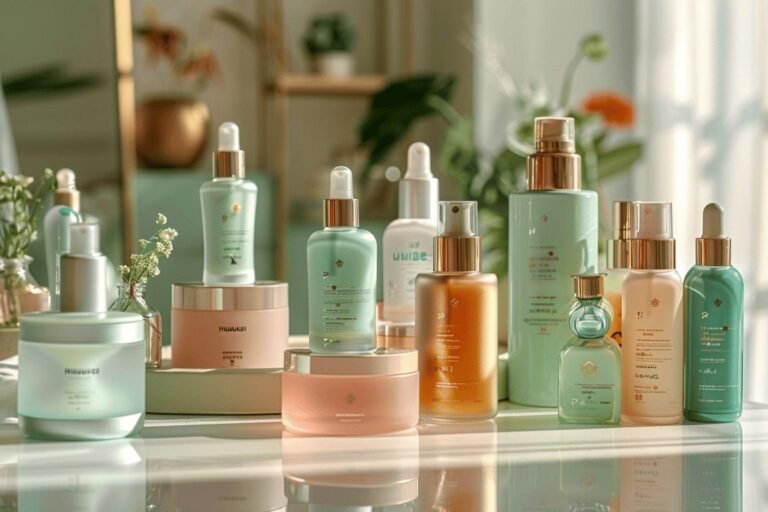 Variété de produits cosmétiques naturels et écologiques disposés sur une surface réfléchissante