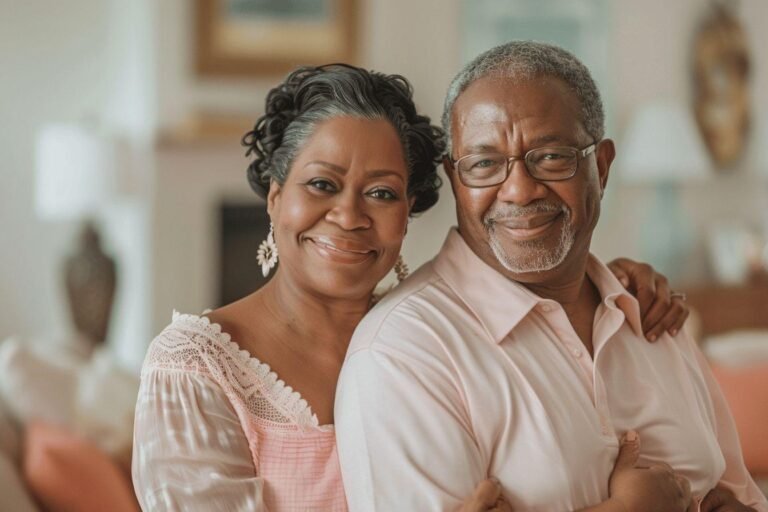 Couple afro-américain âgé souriant et étreint affectueusement