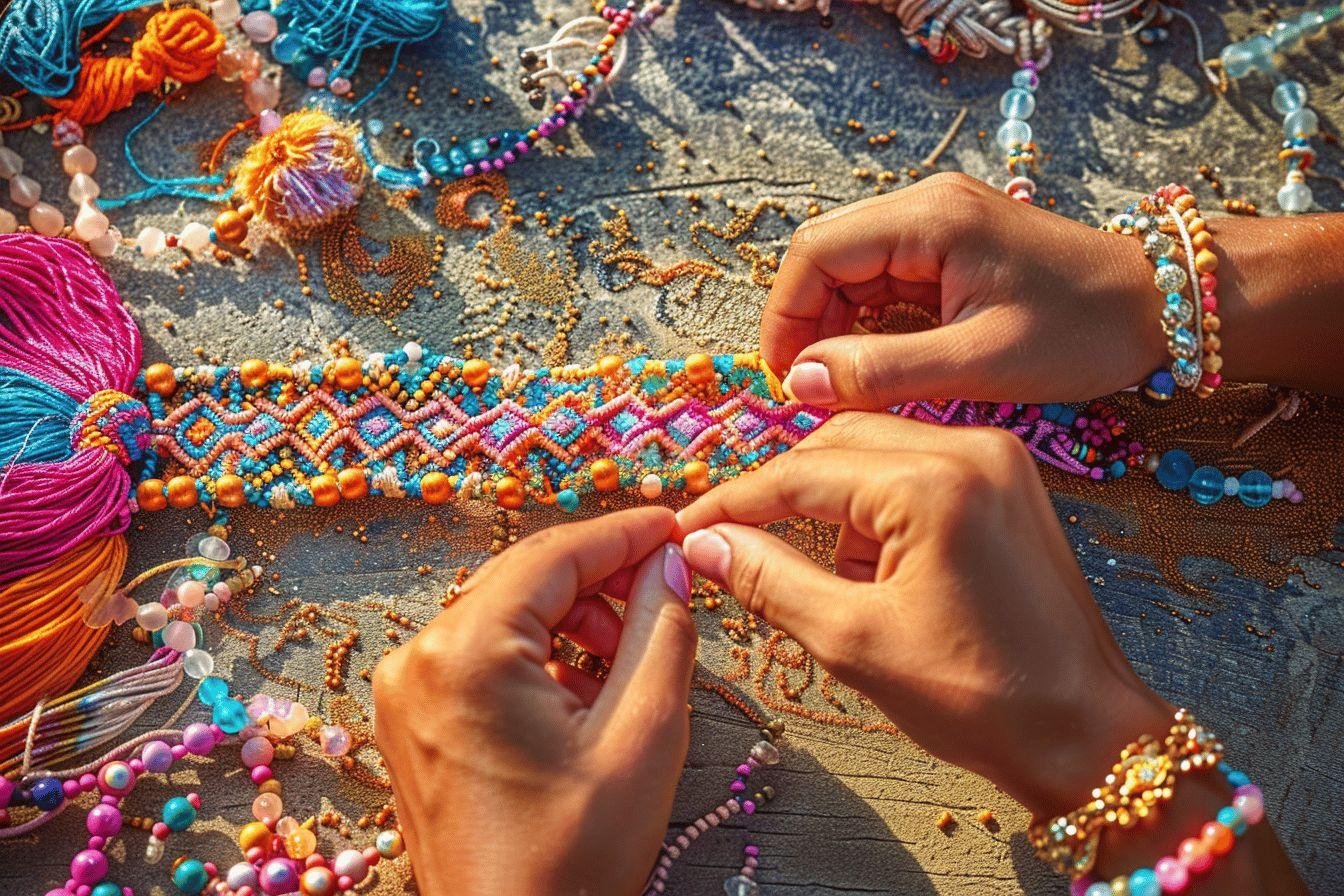 Mains confectionnant un collier ethnique multicolore en perles et fils