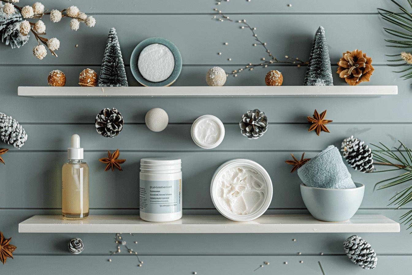 Étagères décorées de sapins en miniature, de boules dorées et de pinecones enneigés.