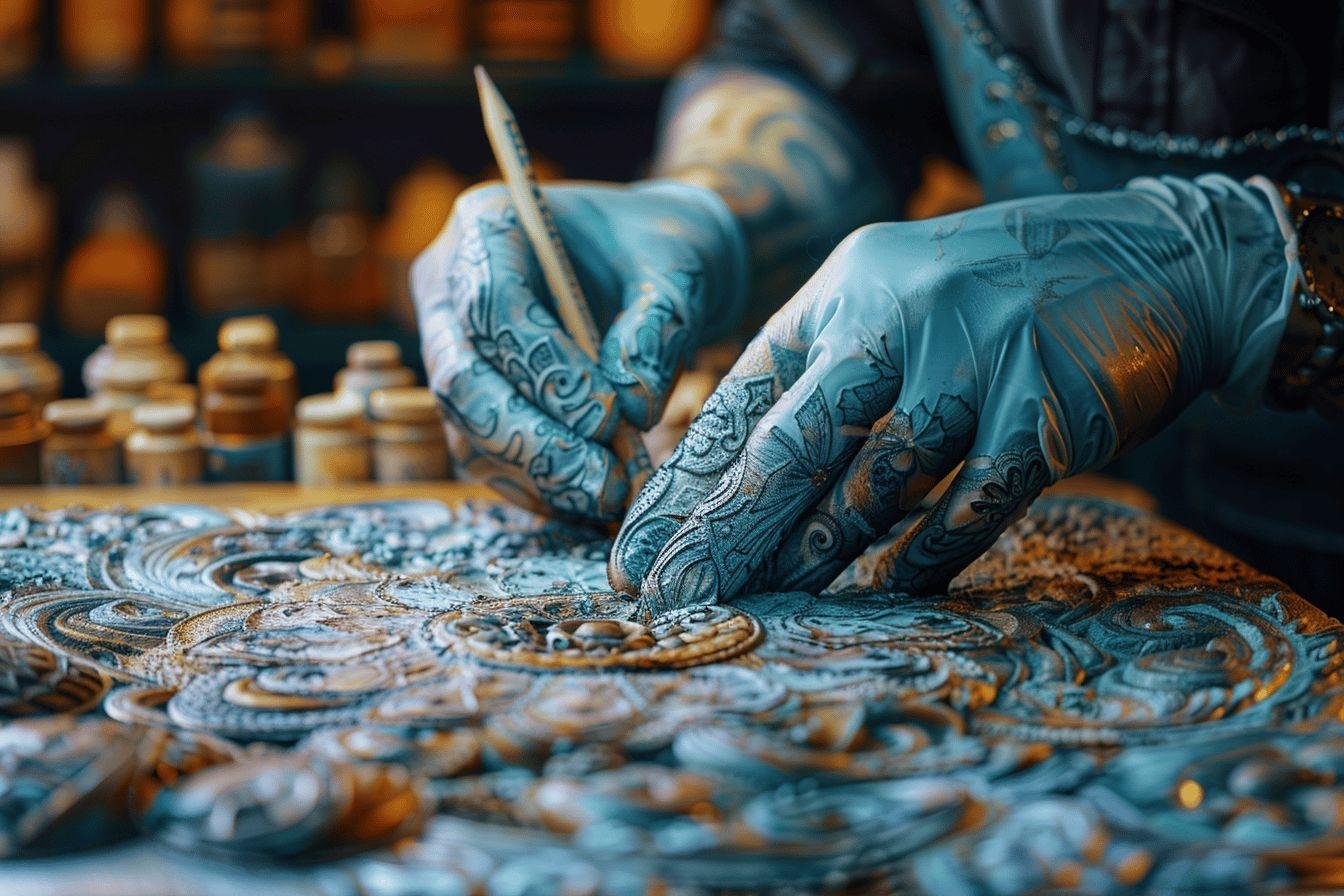 Mains tatouées travaillant sur un motif décoratif complexe