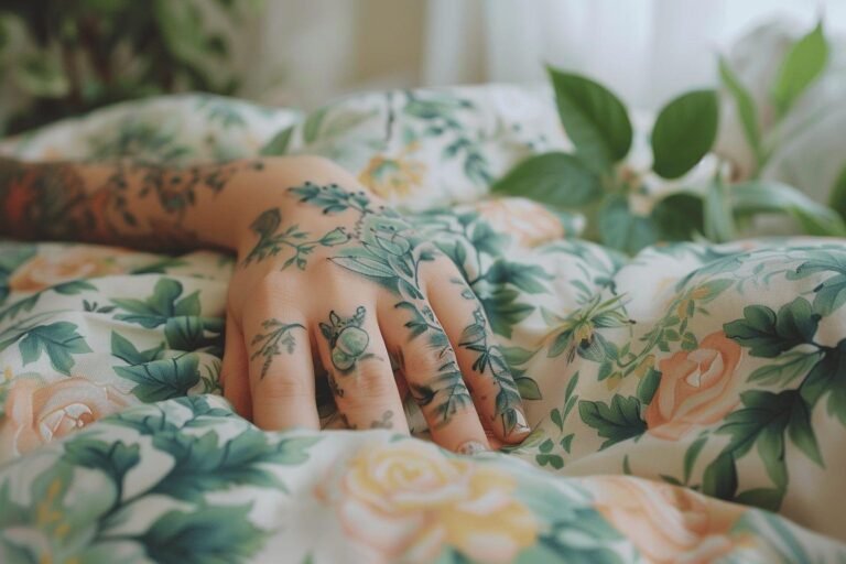 Gros plan sur des mains tatouées dans un décor floral