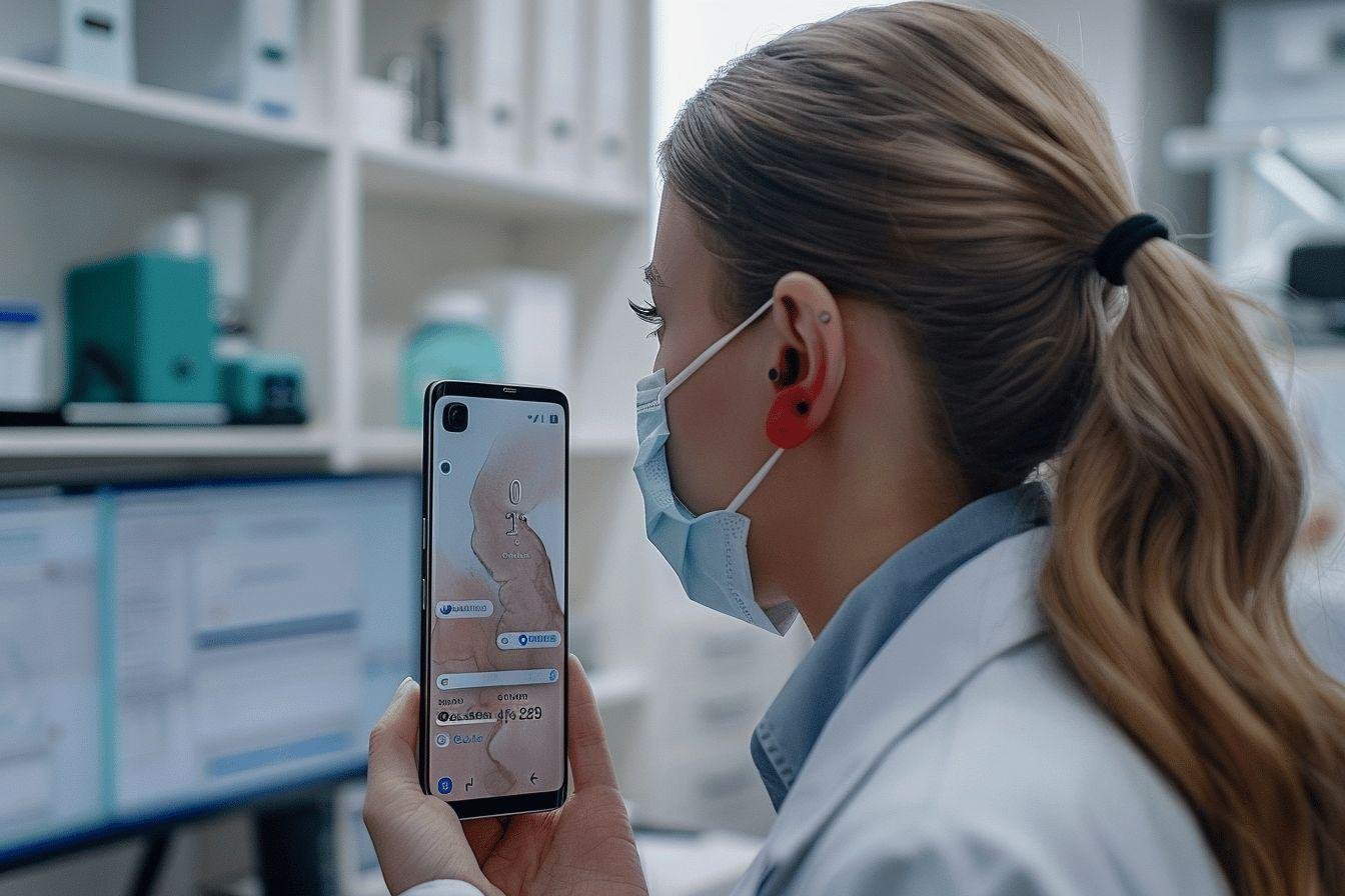 Infirmière avec masque médical utilisant un smartphone pour une consultation à distance