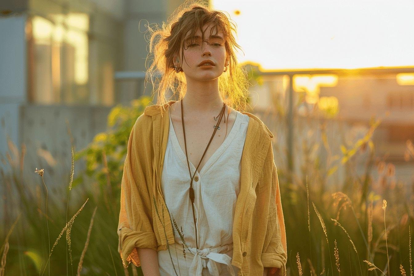 Une jeune femme aux cheveux bouclés se tient dans un champ doré au coucher de soleil.