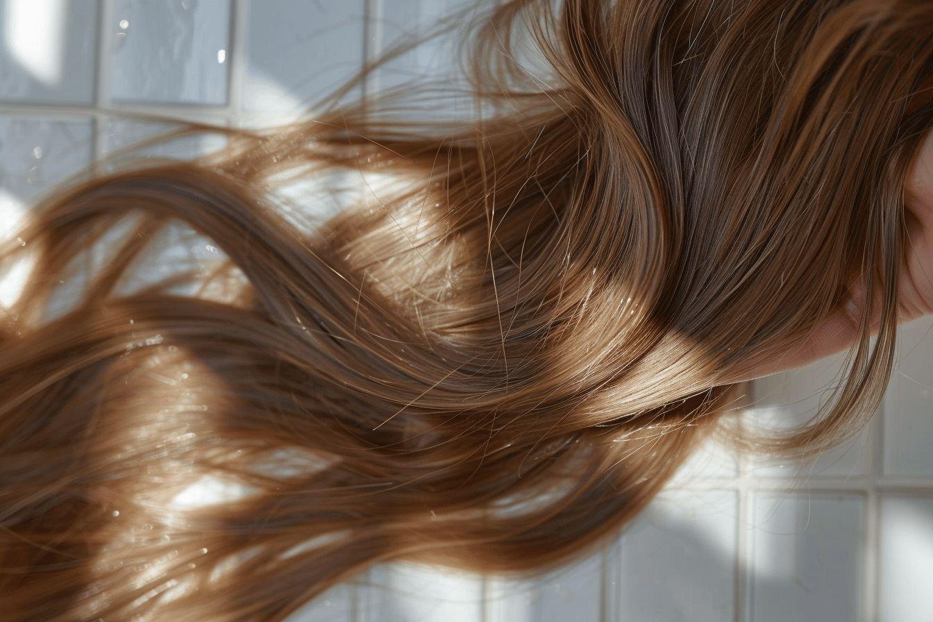 Gros plan sur des mèches de cheveux bruns bouclés et brillants.