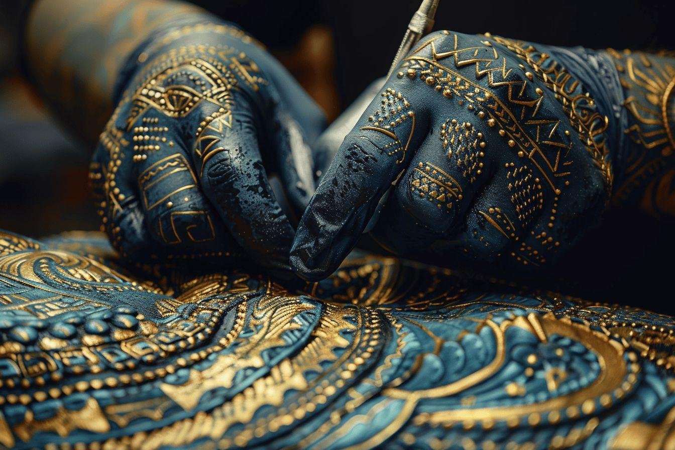 Gros plan sur un tissu orné de motifs dorés complexes et élégants