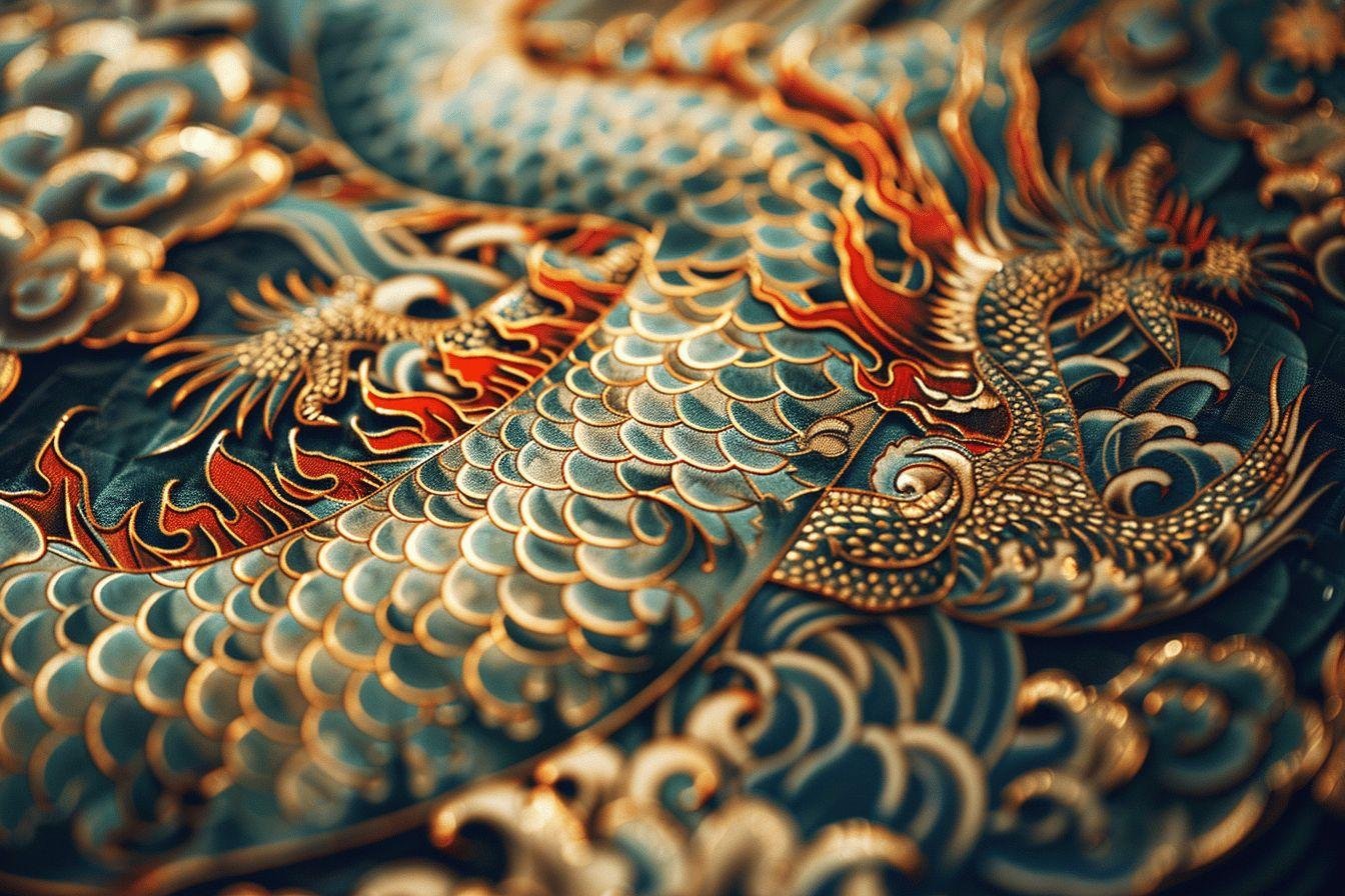 Gros plan sur des motifs colorés et détaillés d'un phénix dans un style oriental