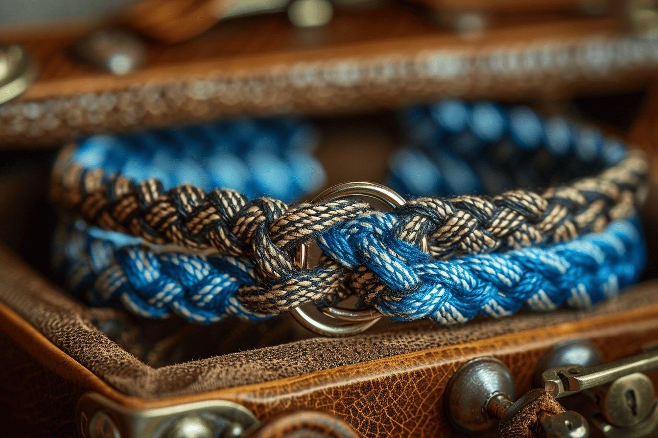 Gros plan sur un nœud de cordage tressé dans des tons bleus et bruns