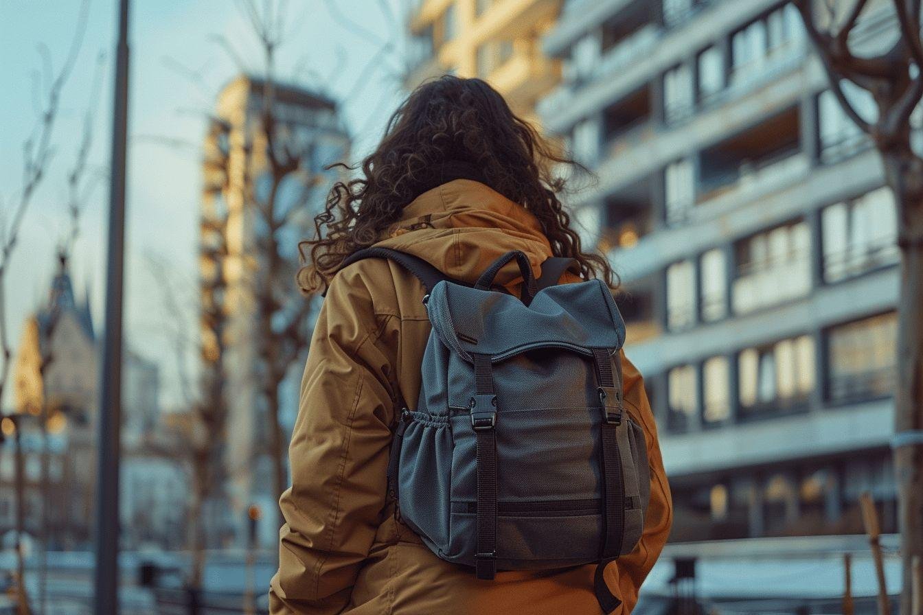 Femme de dos marchant avec un sac à dos dans une rue urbaine