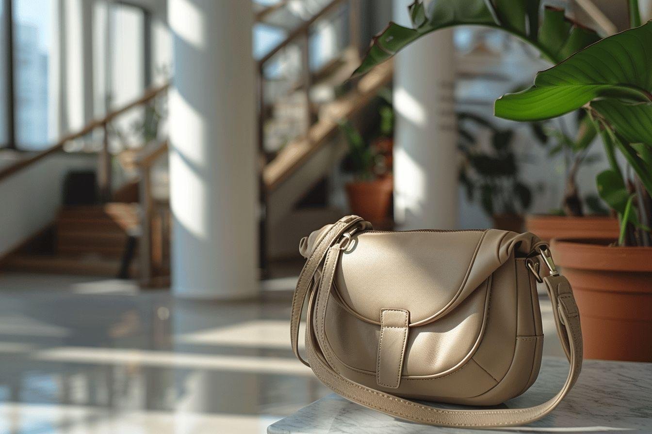 Sac à main beige en cuir posé sur une table près d'une plante verte