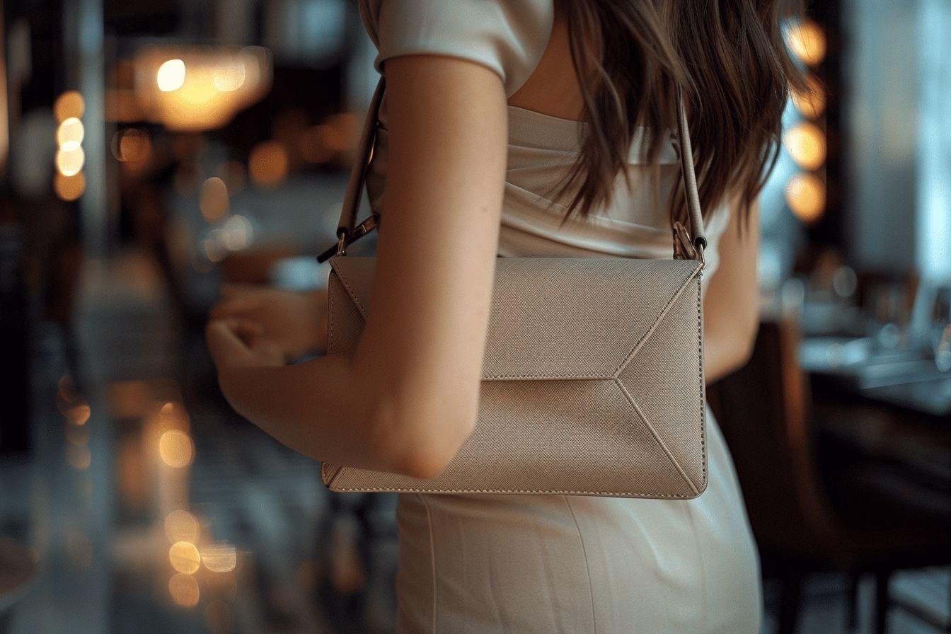 Une femme élégante portant une robe beige et un sac à main marche dans la ville la nuit.