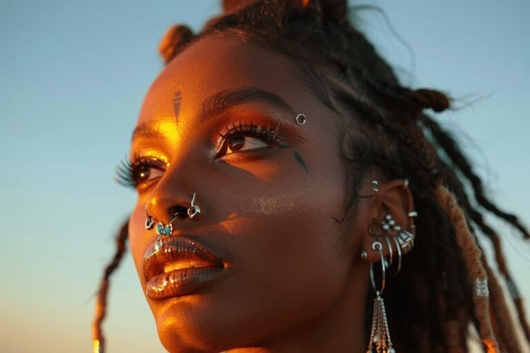 Gros plan sur un visage féminin orné de bijoux et éclairé par la lumière du soleil.