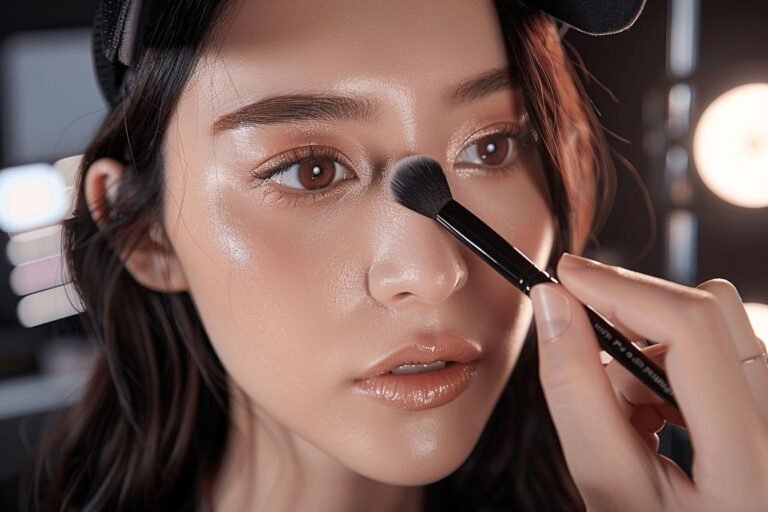 Gros plan sur un visage recevant un coup de pinceau de maquillage