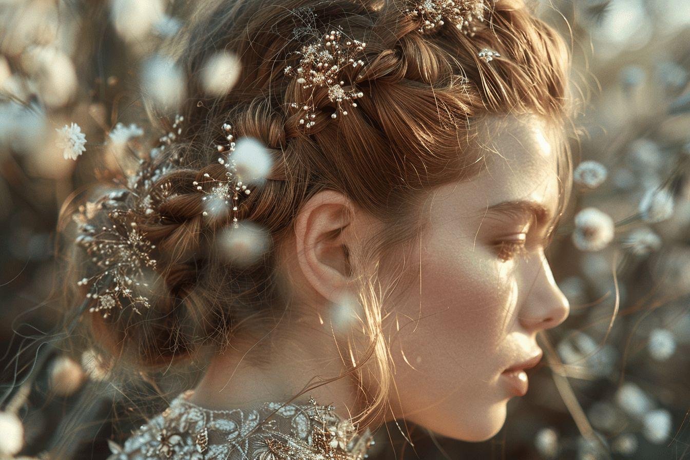 Cheveux tressés avec accessoires brillants et flous en arrière-plan