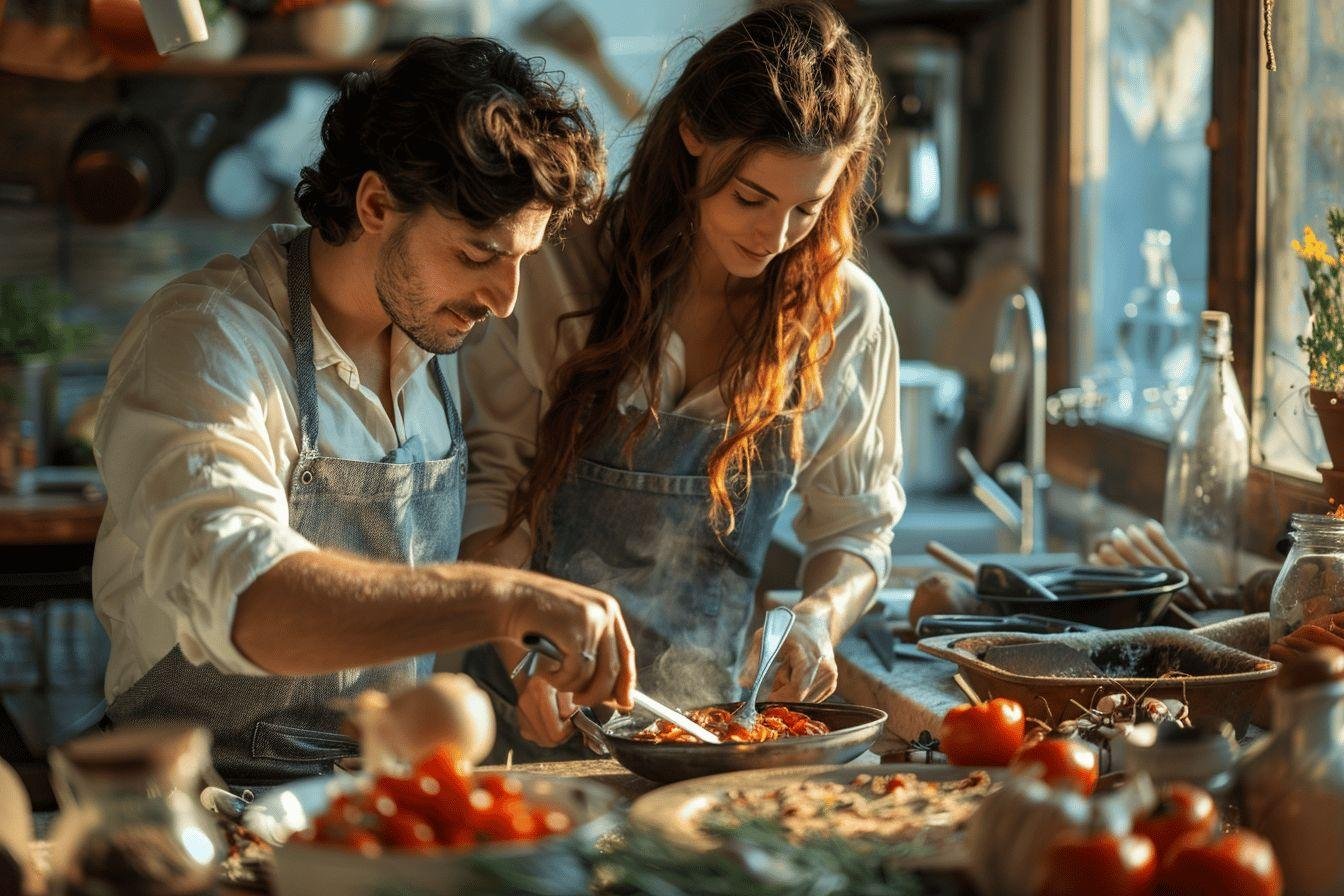 Deux personnes en tabliers préparant un repas ensemble dans une cuisine.