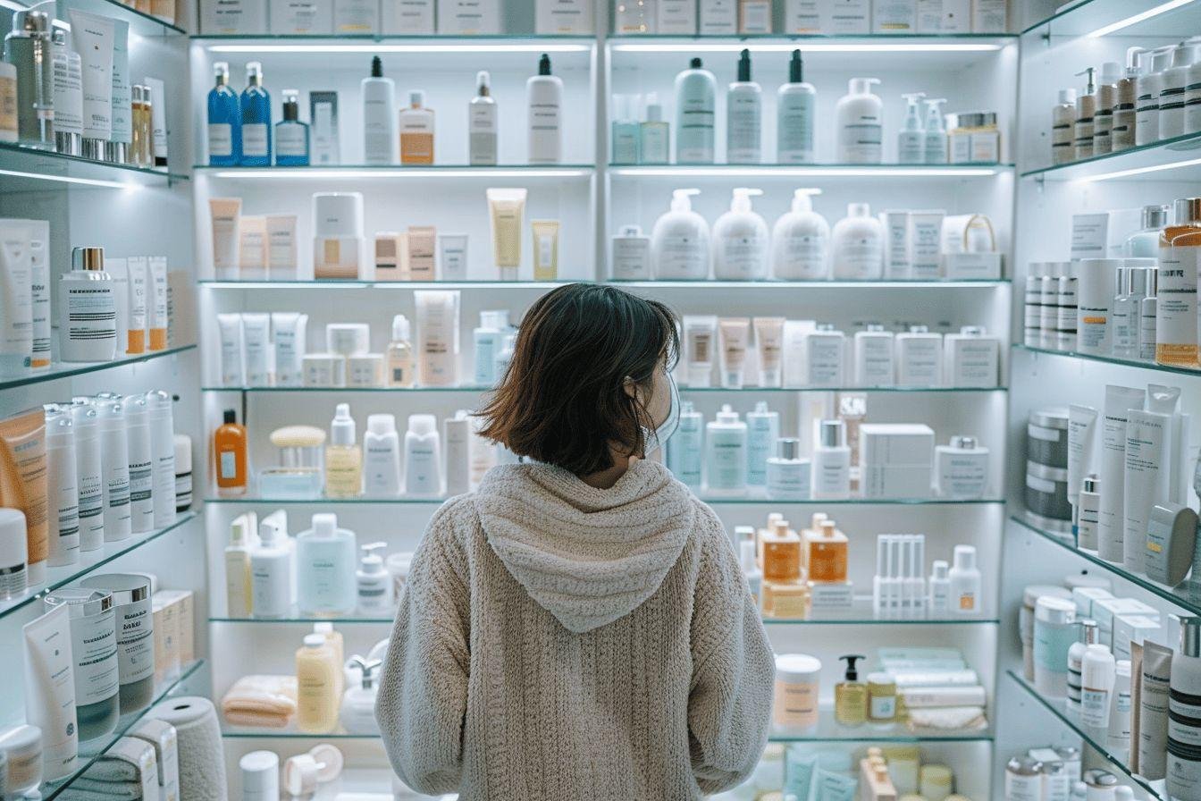 Une femme examine les produits de beauté alignés sur les étagères d'un magasin.