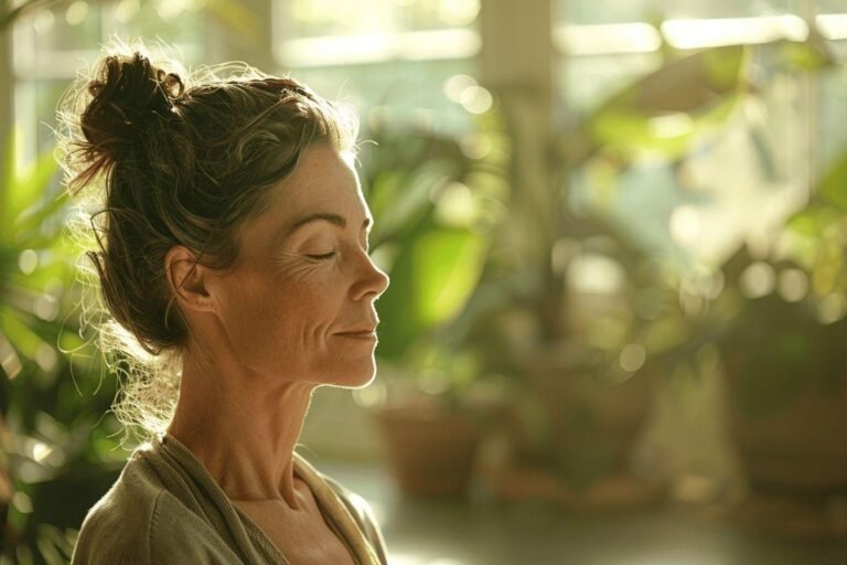 Femme âgée sereine, les yeux fermés, profitant de la nature