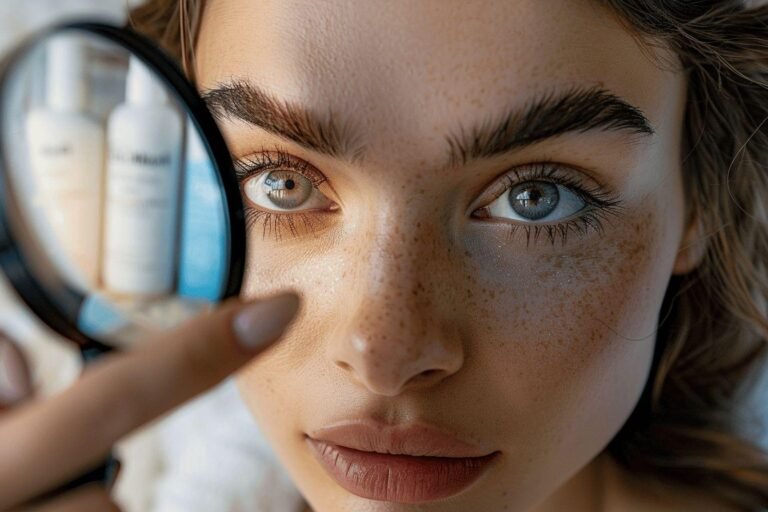 Visage de femme avec loupe et produits de beauté