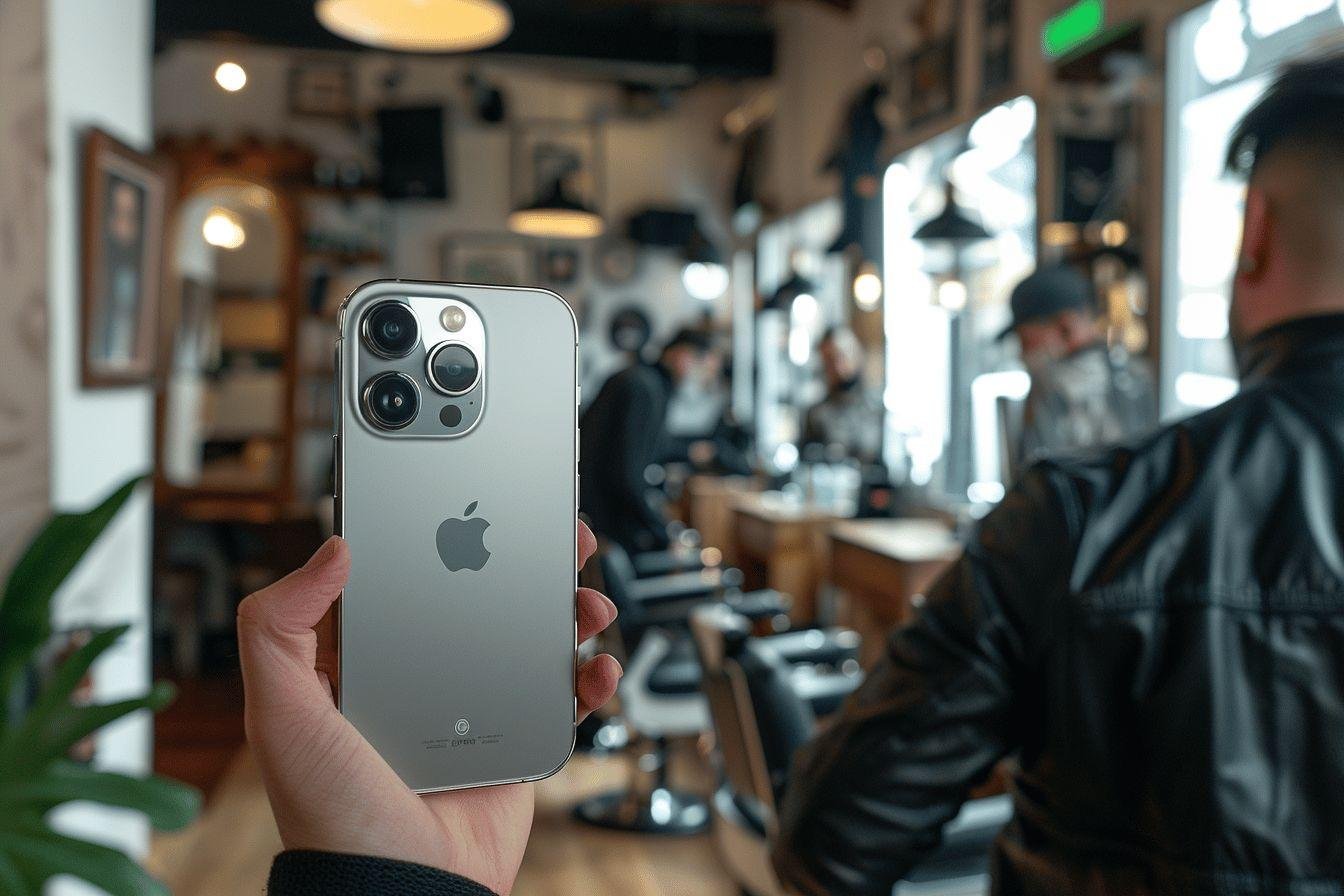 Smartphone Apple dans un intérieur de barbier moderne
