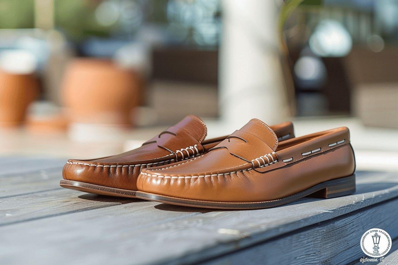 Paire de mocassins en cuir marron posés sur un banc en bois