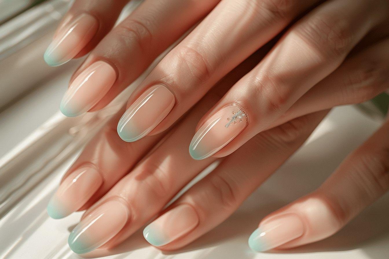 Ongles longs avec dégradé vert pastel et décoration délicate