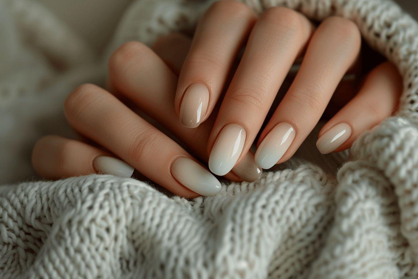Ongles vernis dégradé beige sur fond de pull tricoté gris