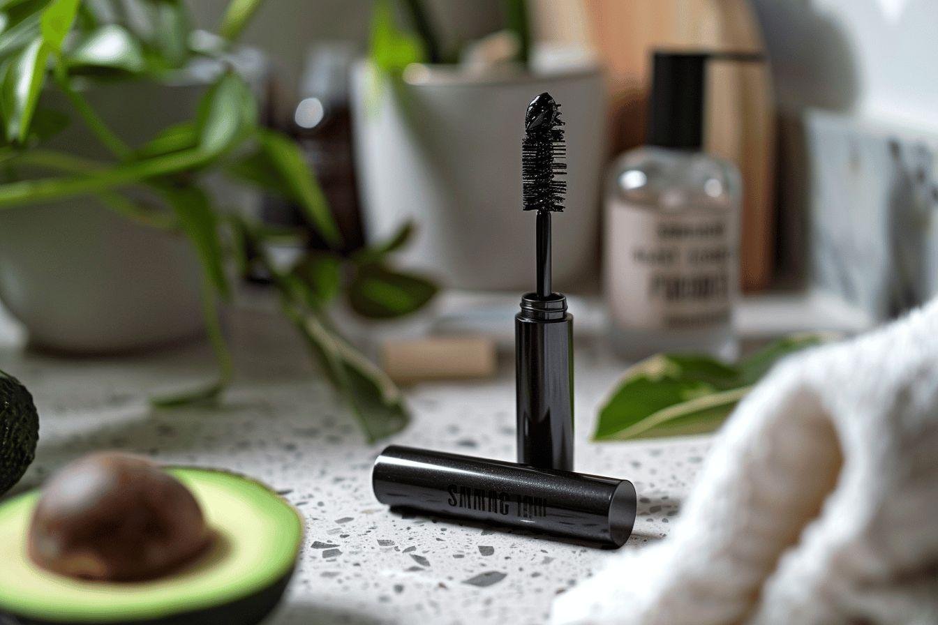 Gros plan sur un mascara naturel entouré de feuilles vertes et d'un avocat
