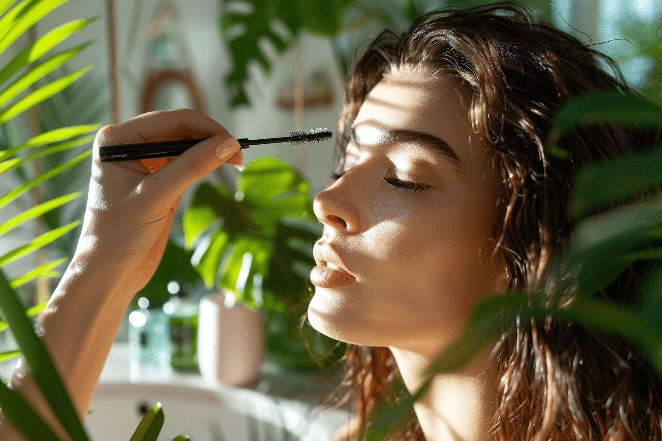 Jeune femme appliquant du mascara sur ses cils avec soin