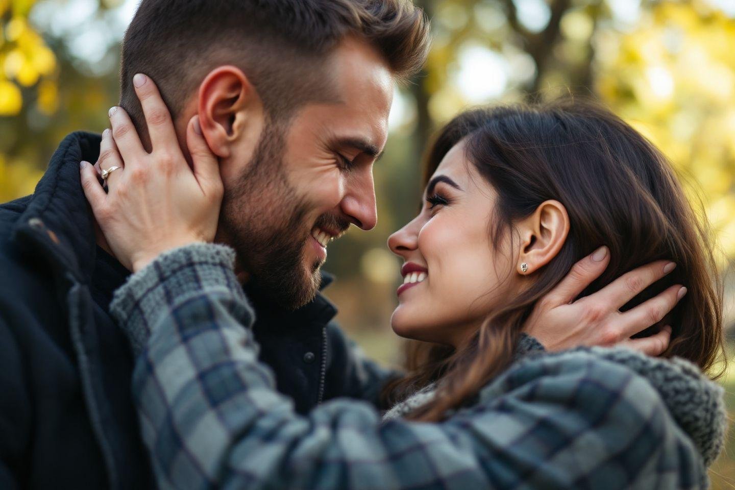 Couple souriant et tendrement enlacé dans un cadre naturel