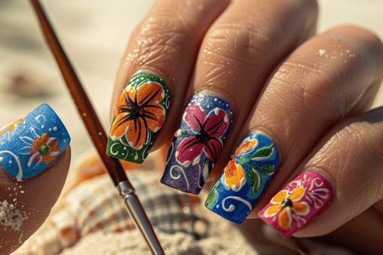 Ongles décorés de fleurs multicolores avec un vernis scintillant