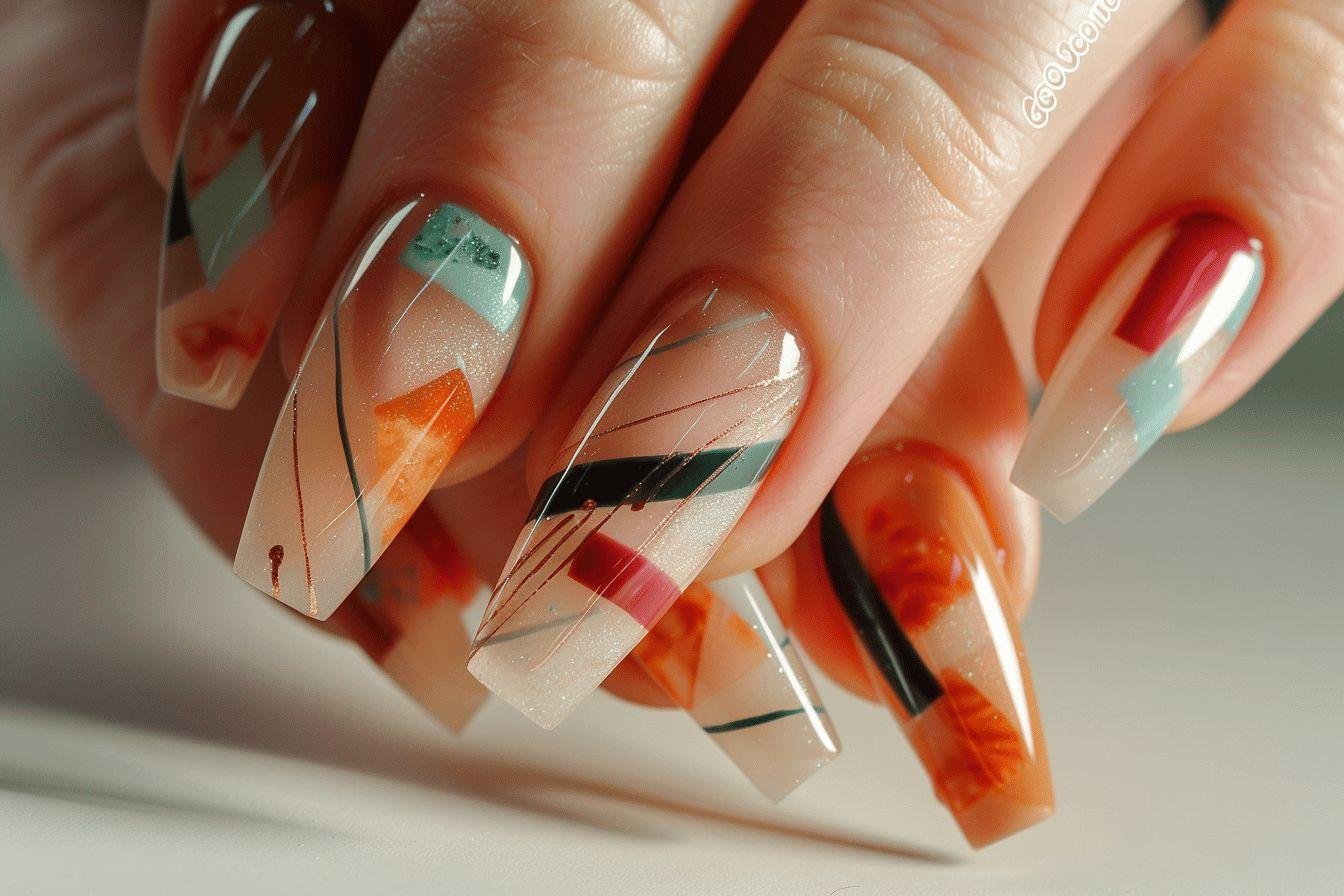 Ongles longs avec motifs géométriques en dégradé orange et vert