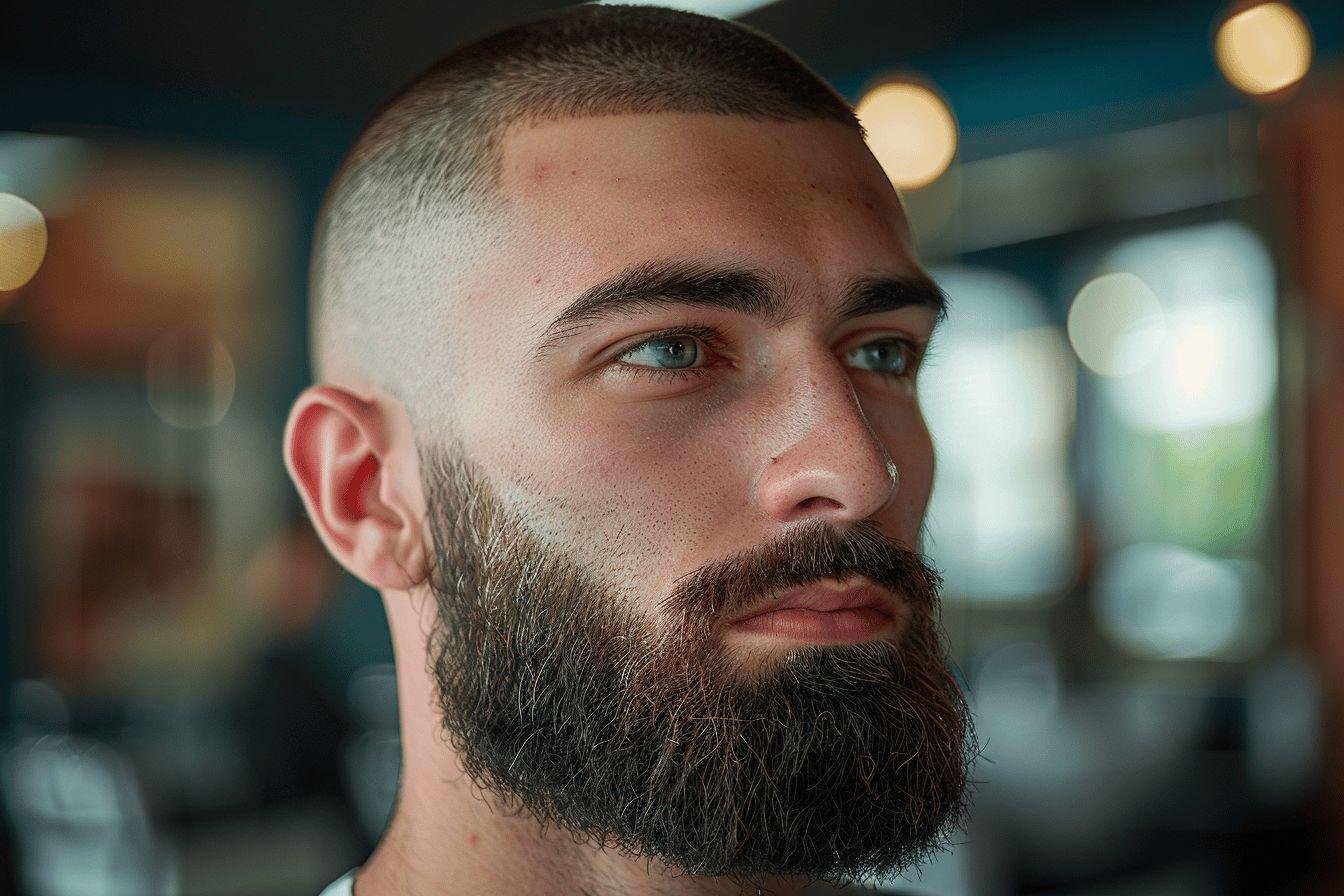 Gros plan sur un visage masculin avec barbe et coupe courte