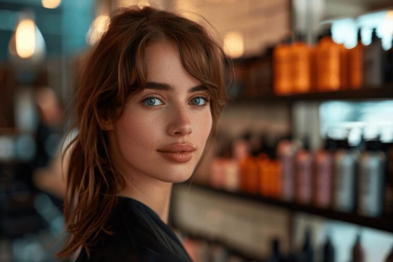 Portrait d'une femme aux cheveux bruns dans un salon
