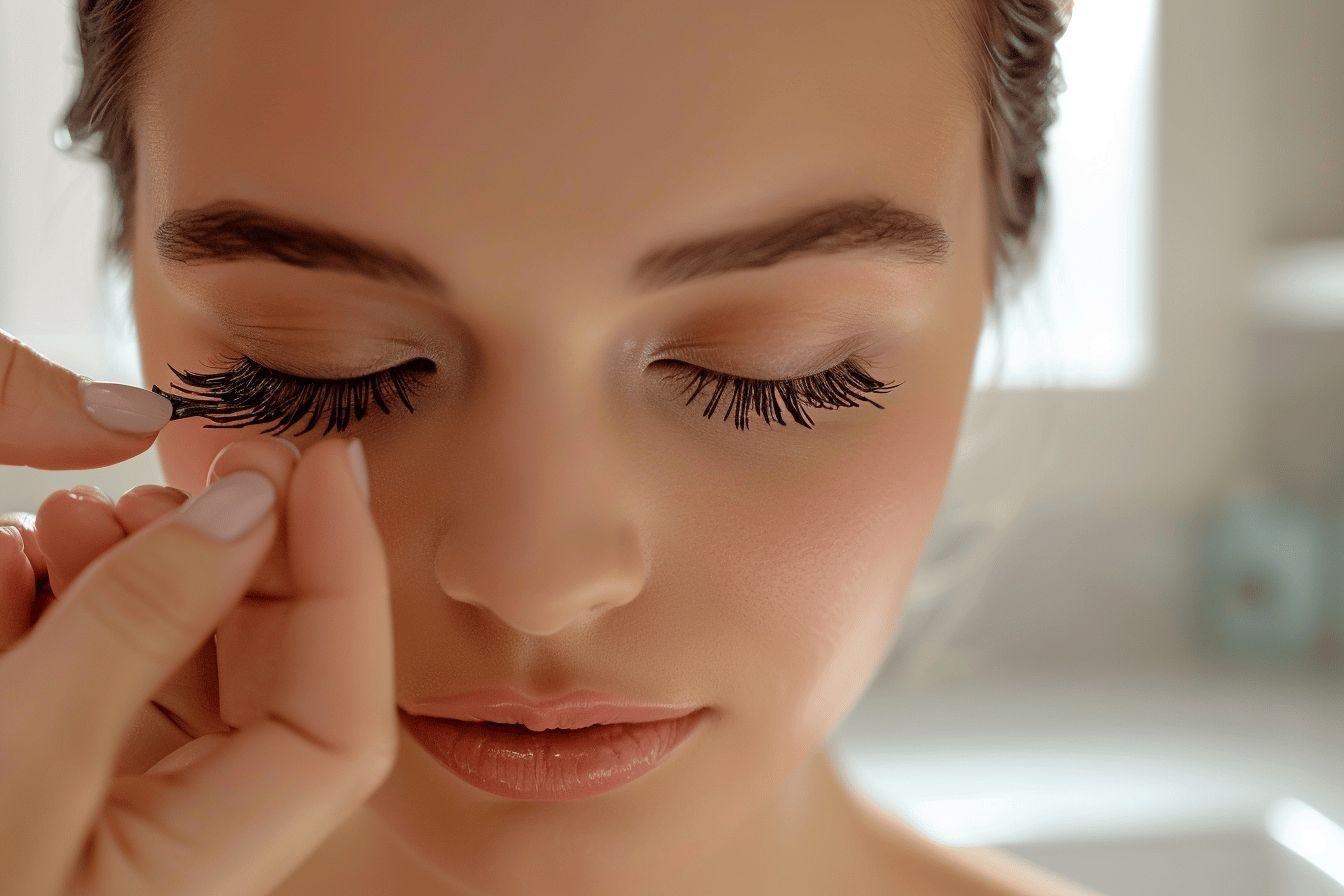 Gros plan sur le visage d'une femme, avec de longs cils posés avec soin