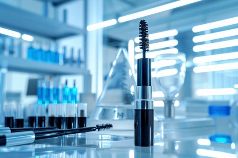 Gros plan d'un mascara sur un plan de travail en laboratoire