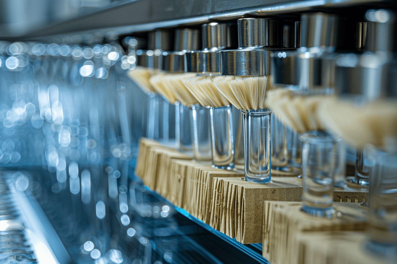 Pinceaux métalliques alignés sur support en bois avec bokeh