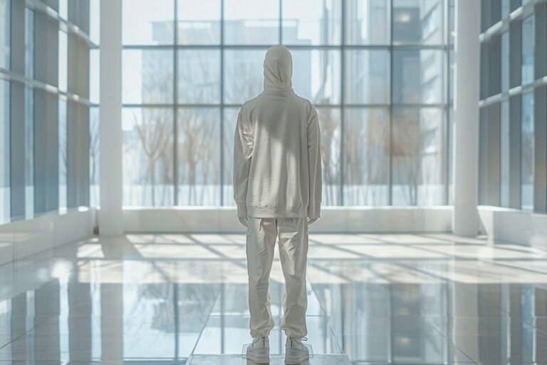 Une personne vêtue d'un sweat à capuche gris se tient debout dans un bâtiment vitré