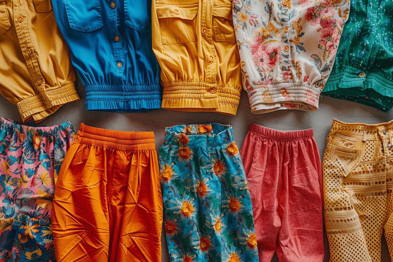 Collection de pantalons et hauts aux couleurs vives et imprimés