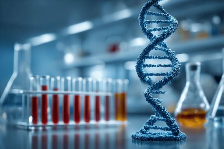 Structure d'ADN bleu avec des tubes à essai rouges en laboratoire