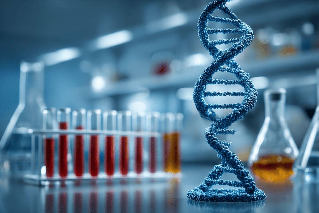 Structure d'ADN bleu avec des tubes à essai rouges en laboratoire