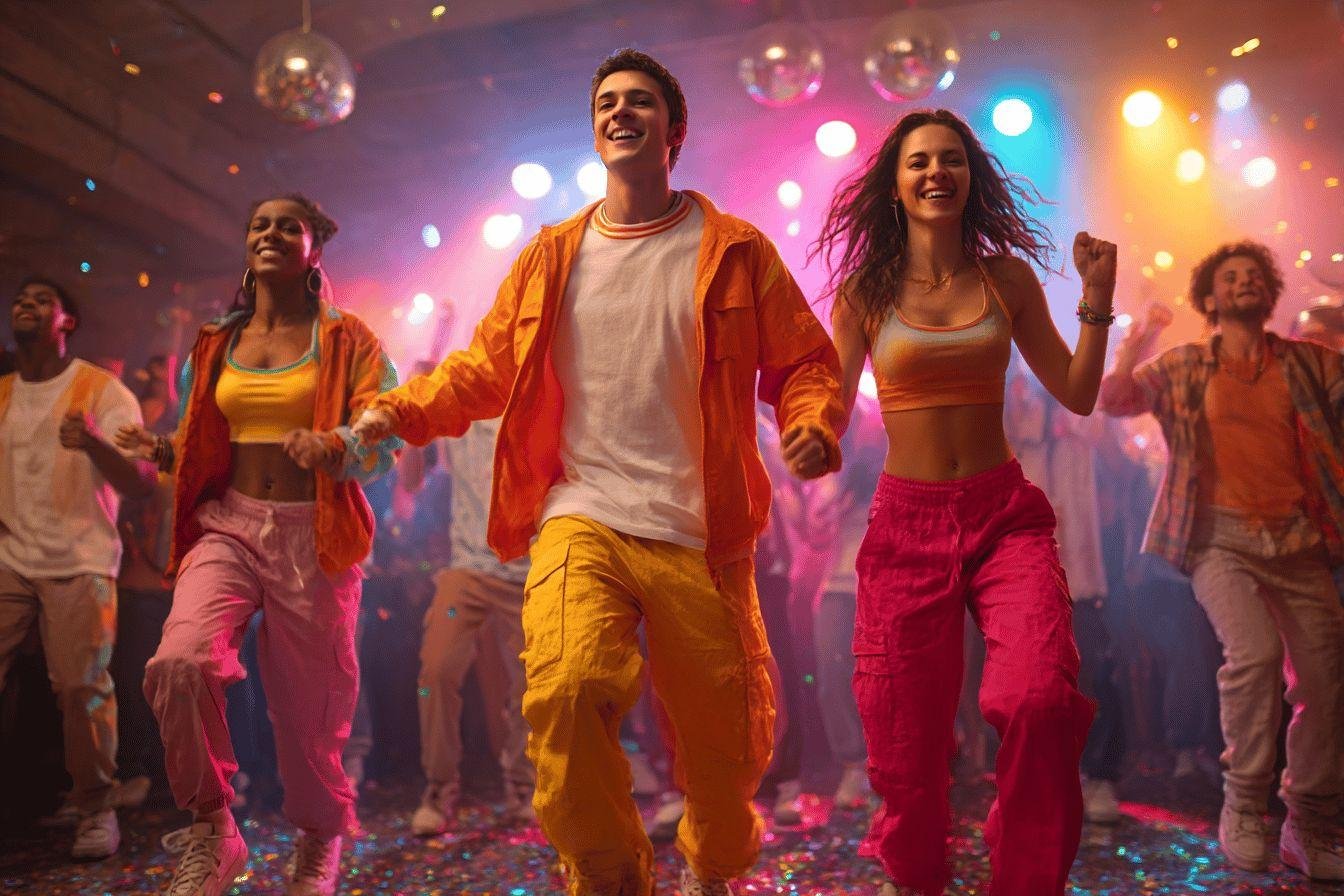 Groupe dansant énergiquement sous des lumières colorées de disco