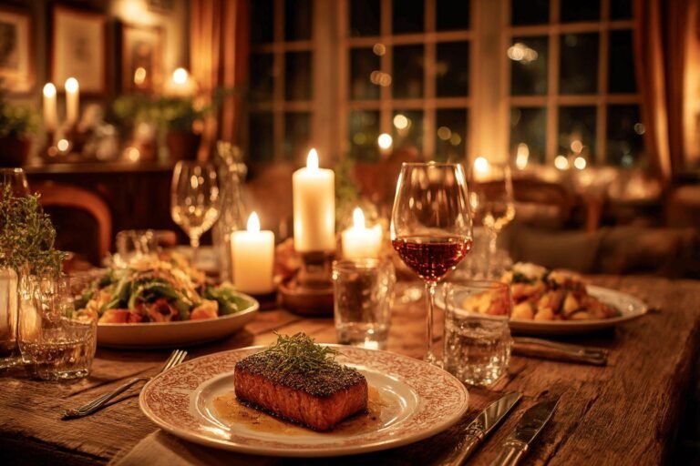 Table élégante avec steak, vin rouge et bougies allumées