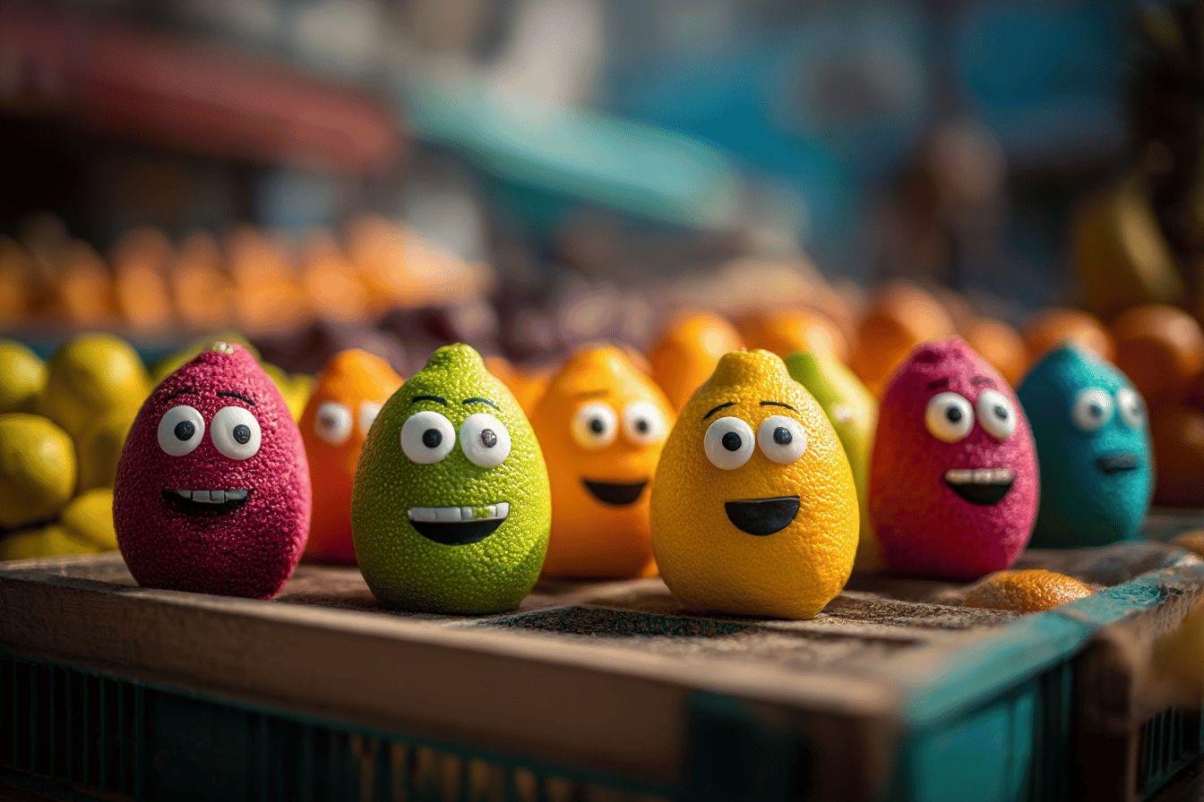 Citrons et oranges colorés avec des yeux et des sourires