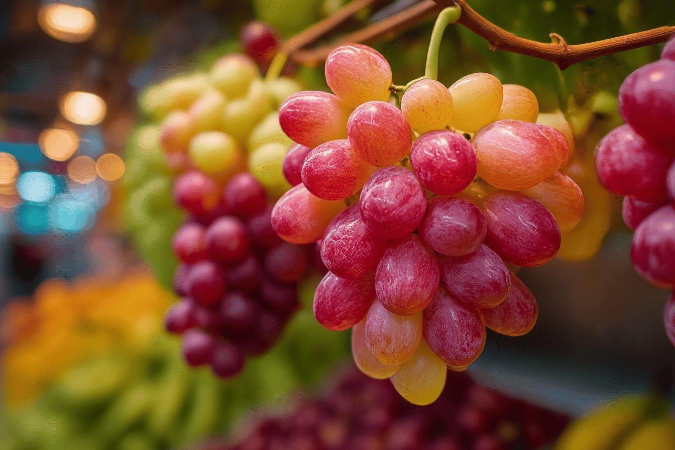 Raisins mûrs aux tons roses et jaunes sur vigne