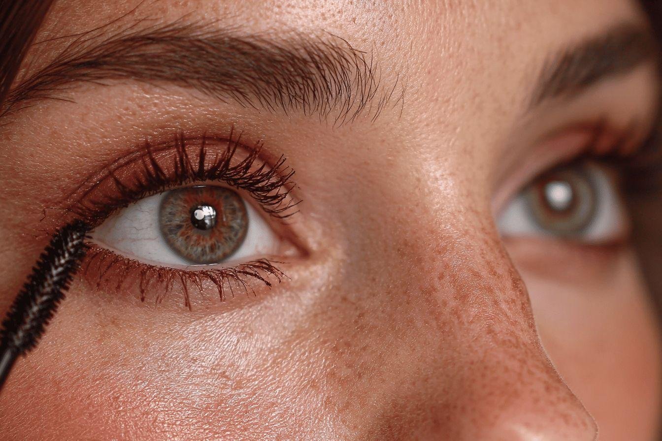 Œil de couleur verte avec des cils soulignés par du mascara